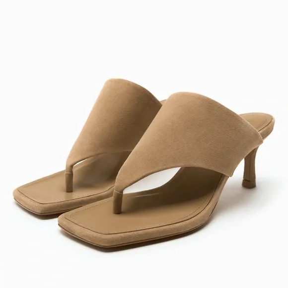 Zara Sandy Brown Toe Post Heeled Suede Leather Sandals